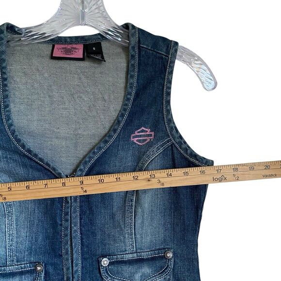 Harley Davidson Vest Jean S Blue Zip Up Embroidered Rhinestones Tie Back - Picture 6 of 12